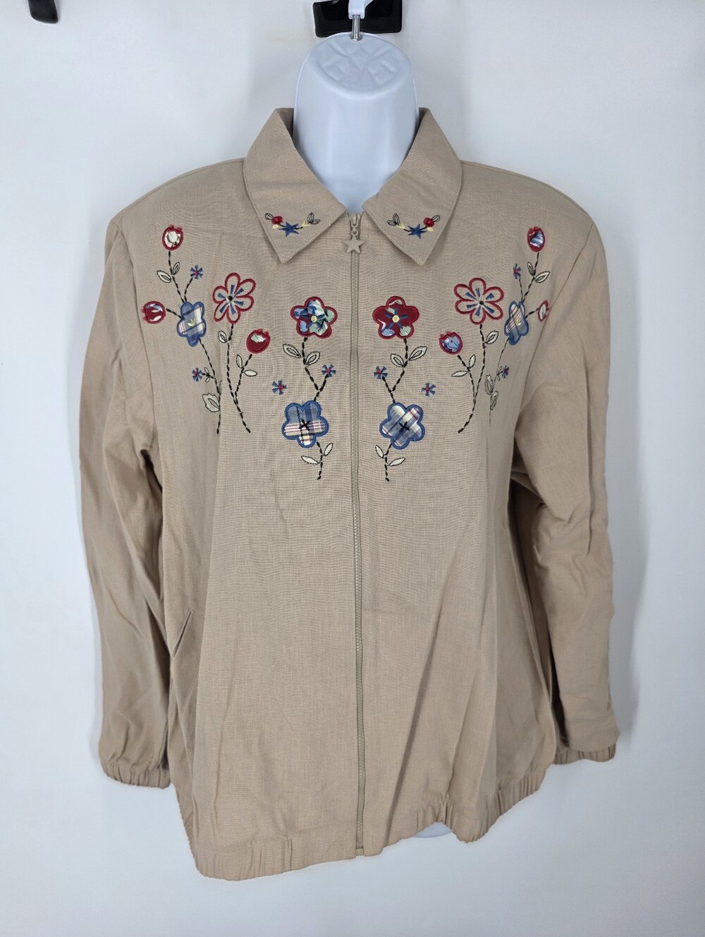 Alfred Dunner Vintage Beige Embroidered Floral Zip Jacket 10 Cottagecore